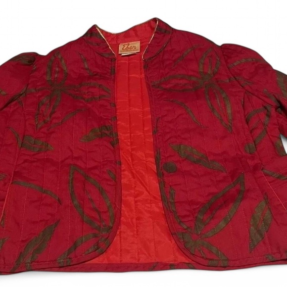 Vintage Eber Quilted Cropped Jacket Red Leaf Print Puff Sleeve Y2K Indie Size L - Picture 4 of 7